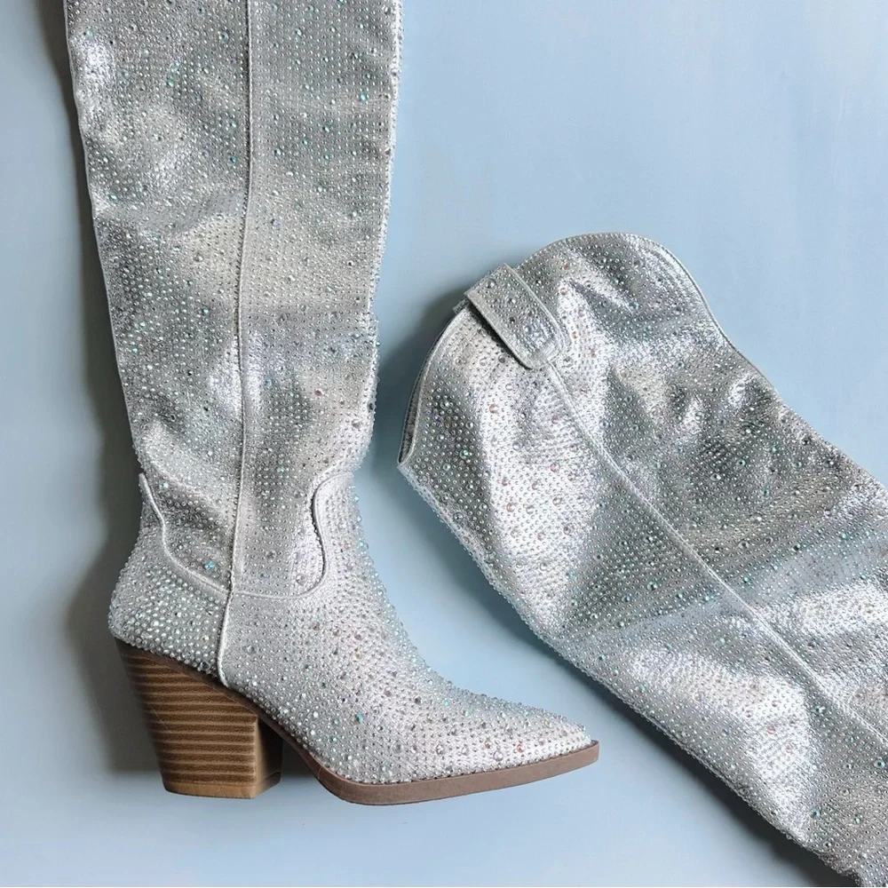 Silver Rhinestone Knee-High Boots - Picture 2 of 3